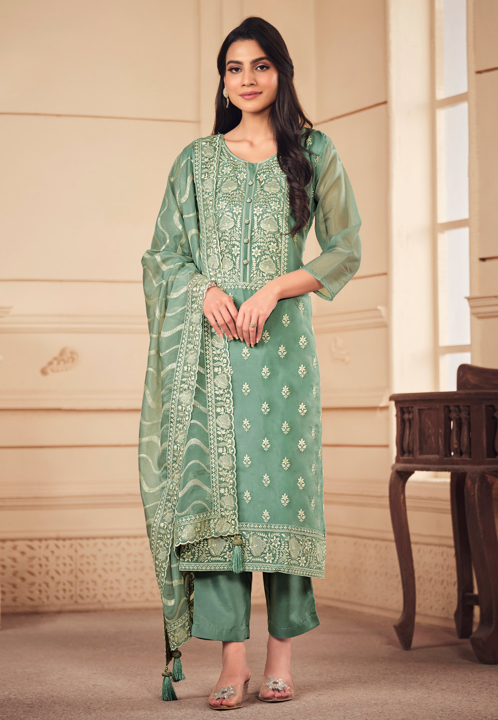Green Organza Pakistani Suit 283078