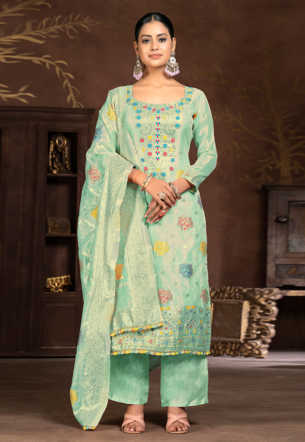 Green Organza Pakistani Suit 281056