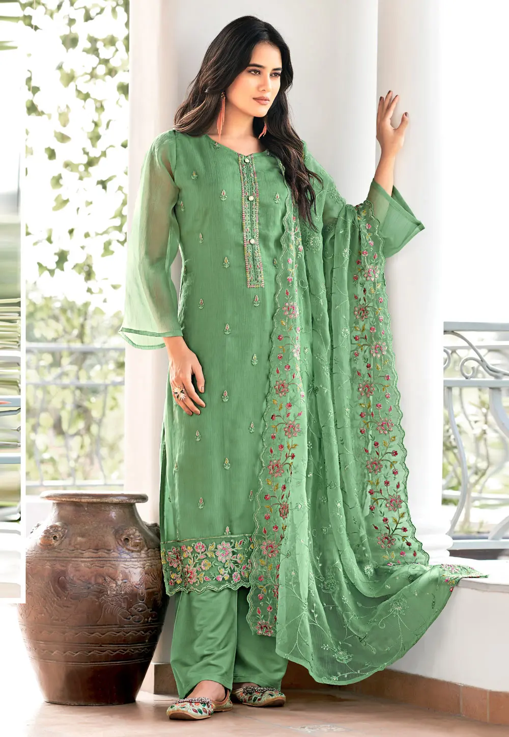 Green Organza Palazzo Suit 300874