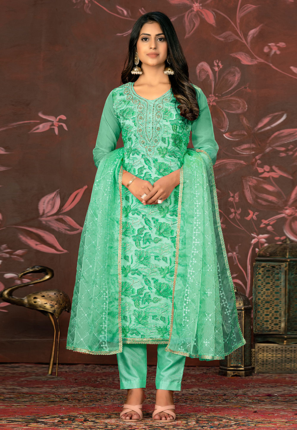 Green Organza Pant Style Suit 281059