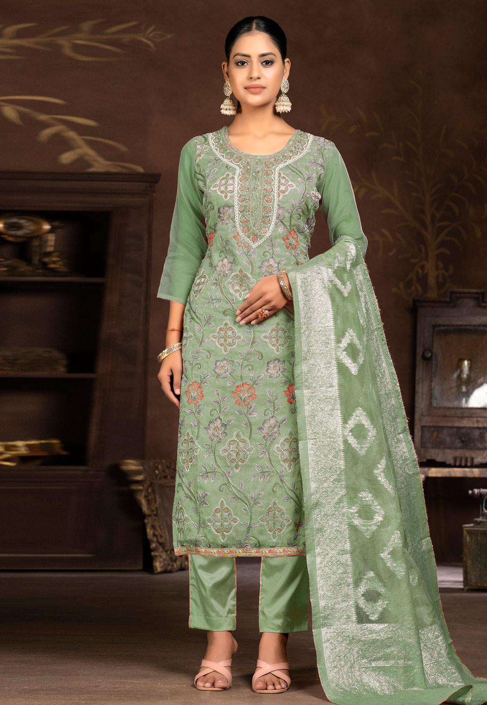 Green Organza Pant Style Suit 281839