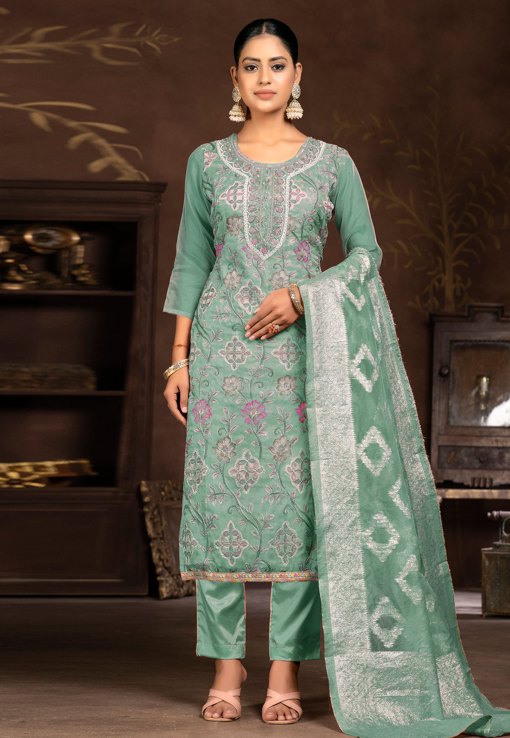 Green Organza Pant Style Suit 281841