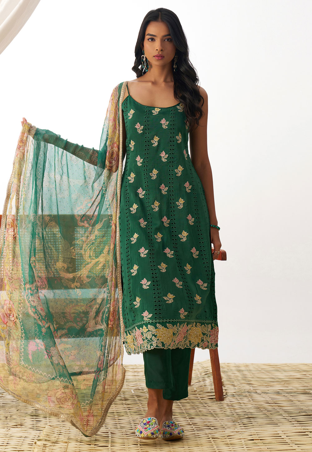 Green Organza Readymade Pant Style Suit 308921