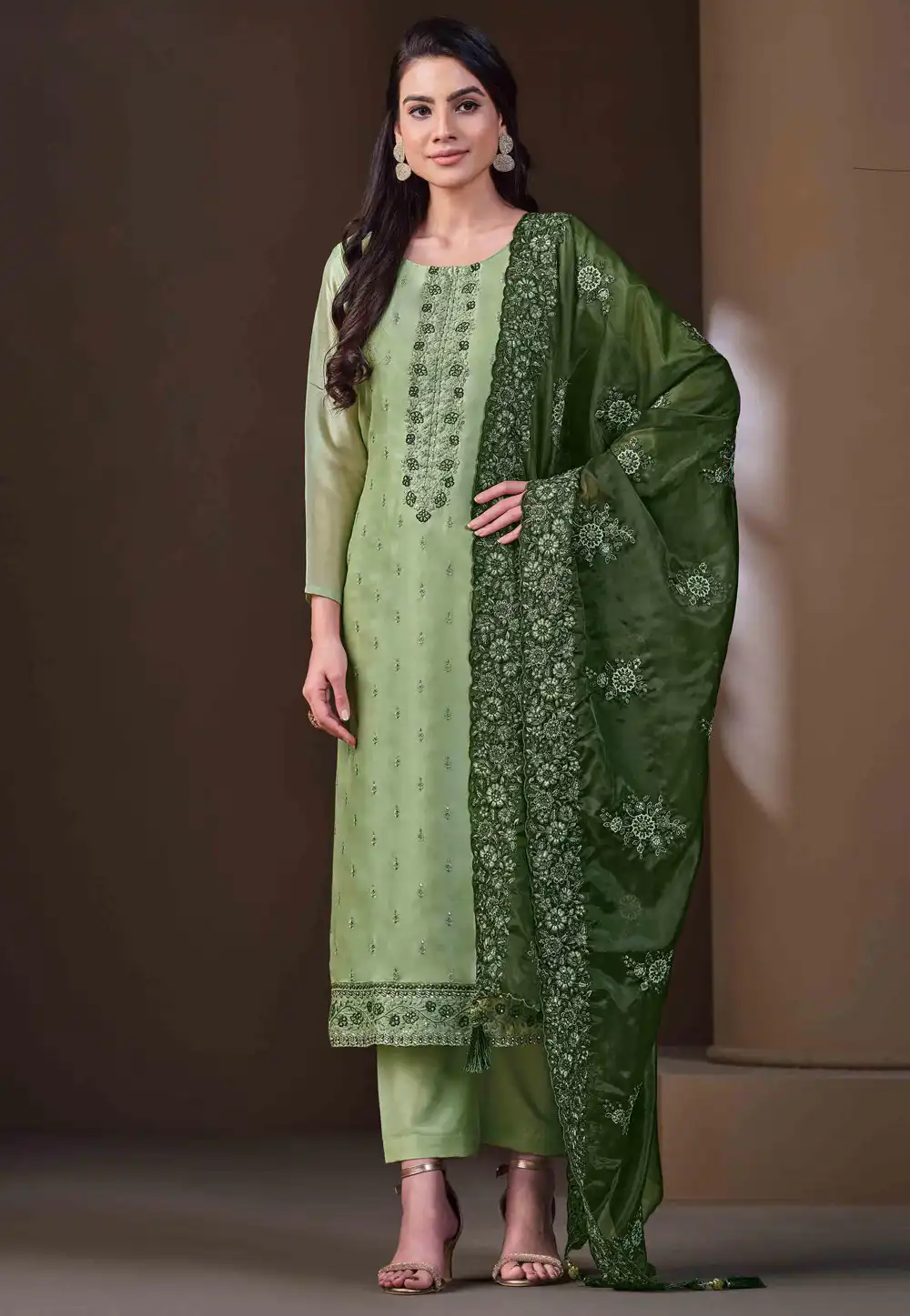 Green Organza Readymade Pant Style Suit 291152