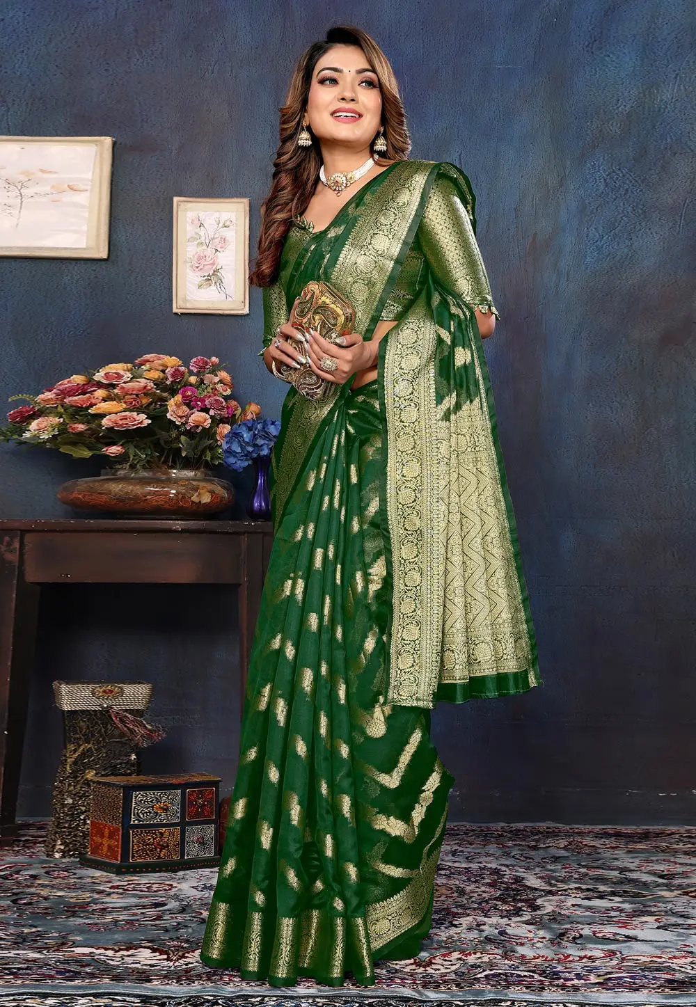 Green Organza Saree With Blouse 296197