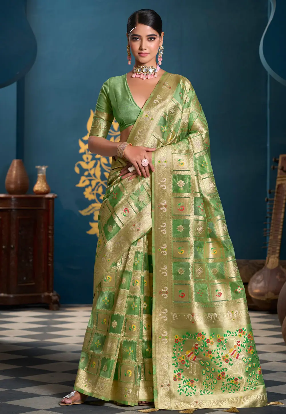 Green Organza Saree With Blouse 303590