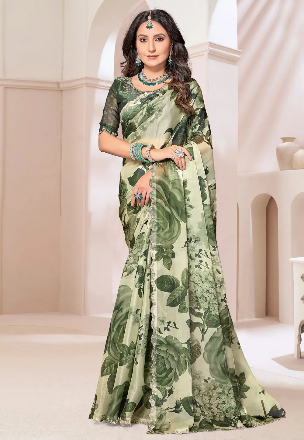 Green Organza Saree With Blouse 298613