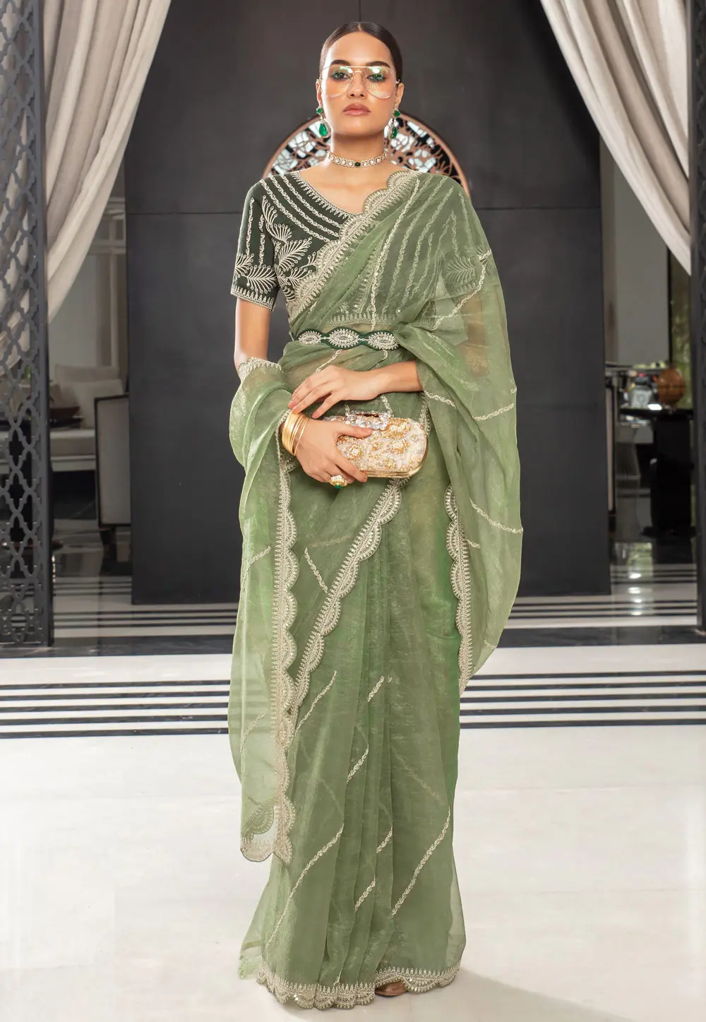 Green Organza Saree With Blouse 301303