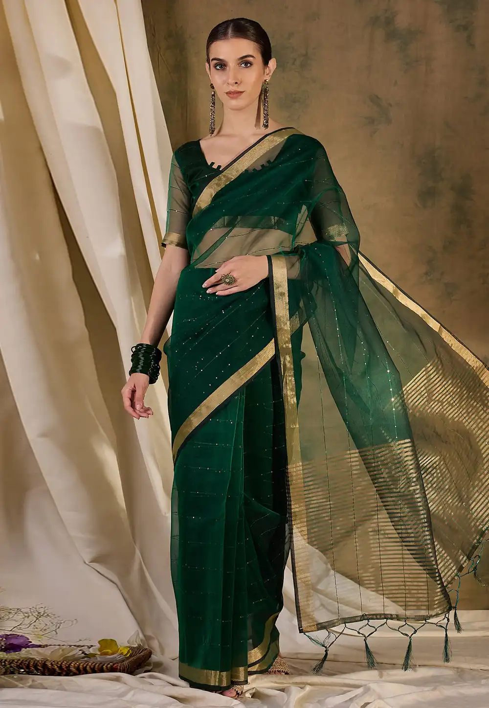 Green Organza Saree With Blouse 289583