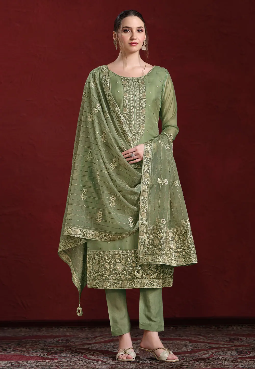 Green Organza Straight Suit 297450