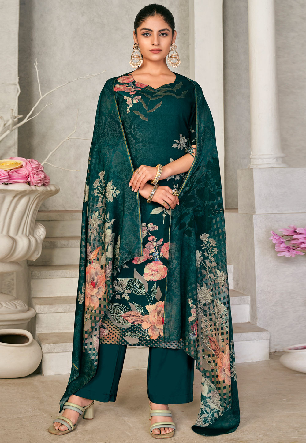 Green Pashmina Pant Style Suit 309886