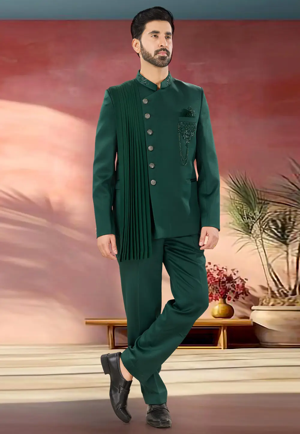 Green Polyester Jodhpuri Suit 302183