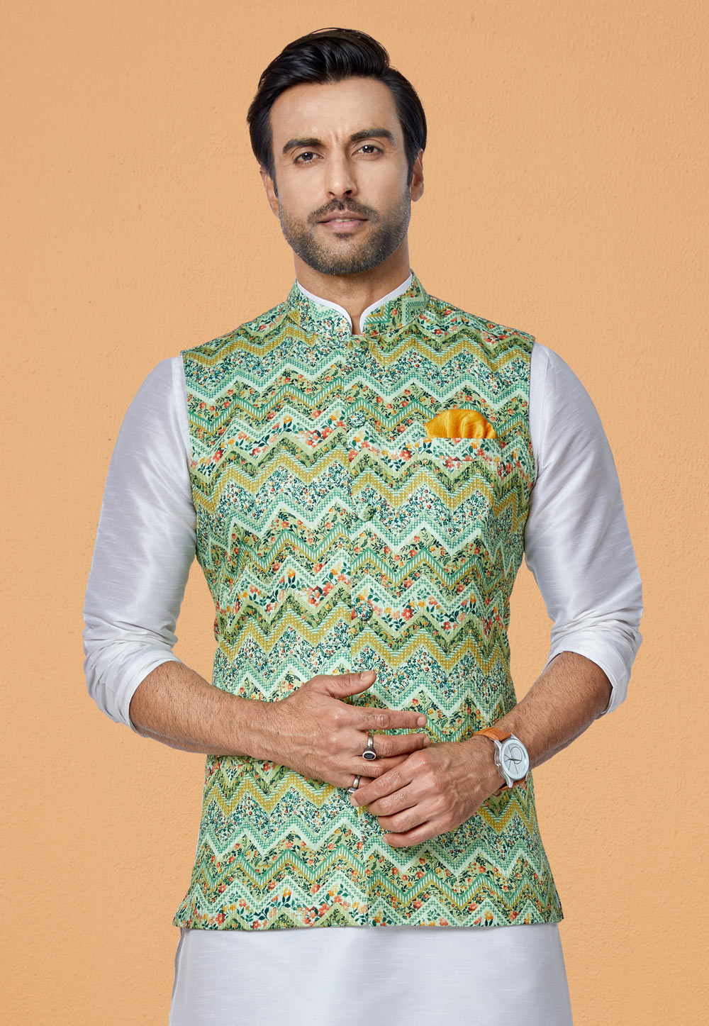 Green Polyester Nehru Jacket 286799