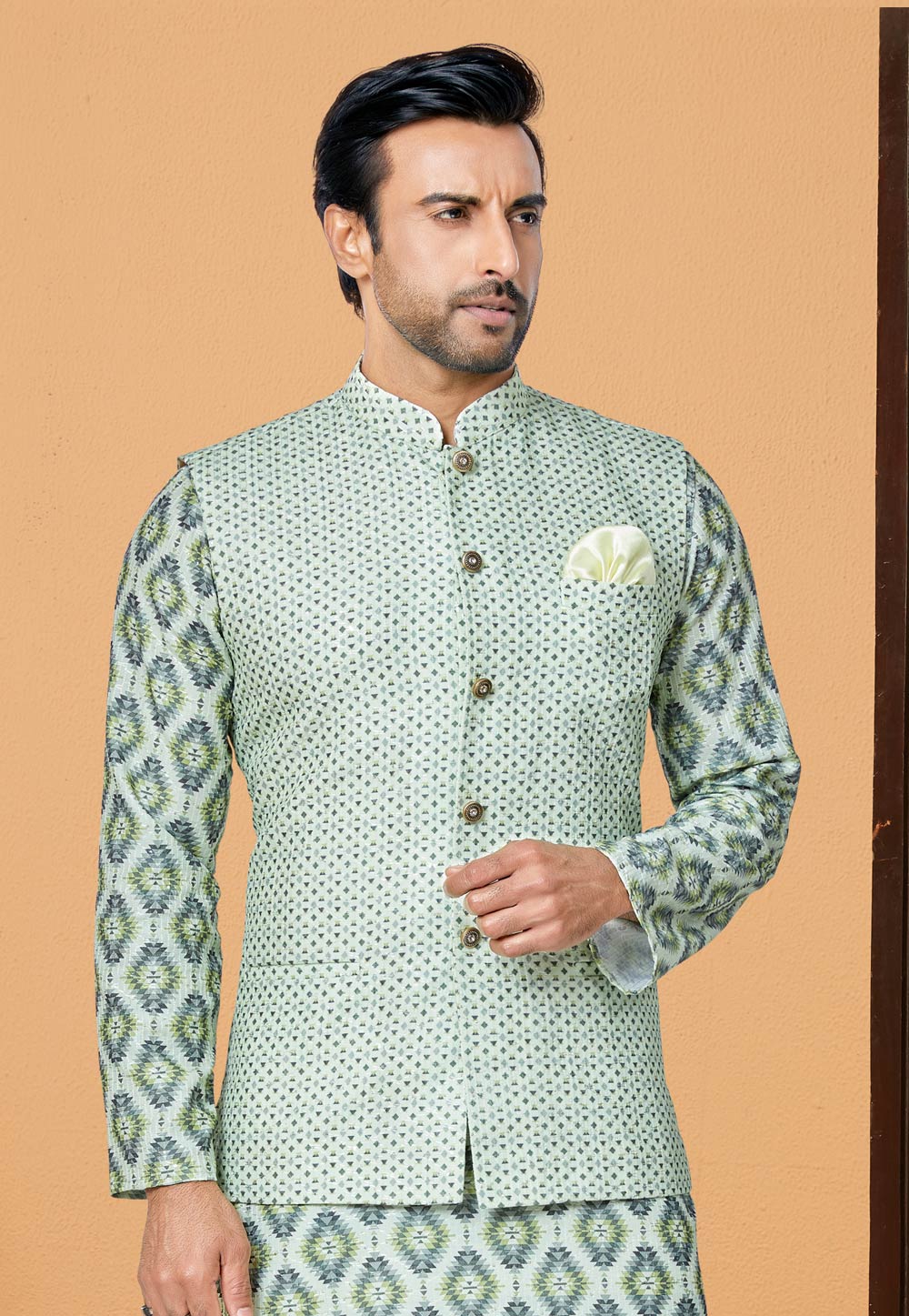 Green Polyester Nehru Jacket 286809