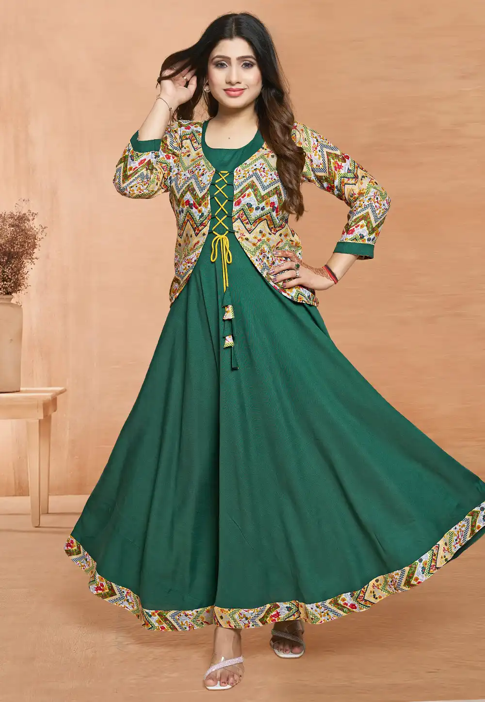 Green Rayon Gown With Jacket 294866