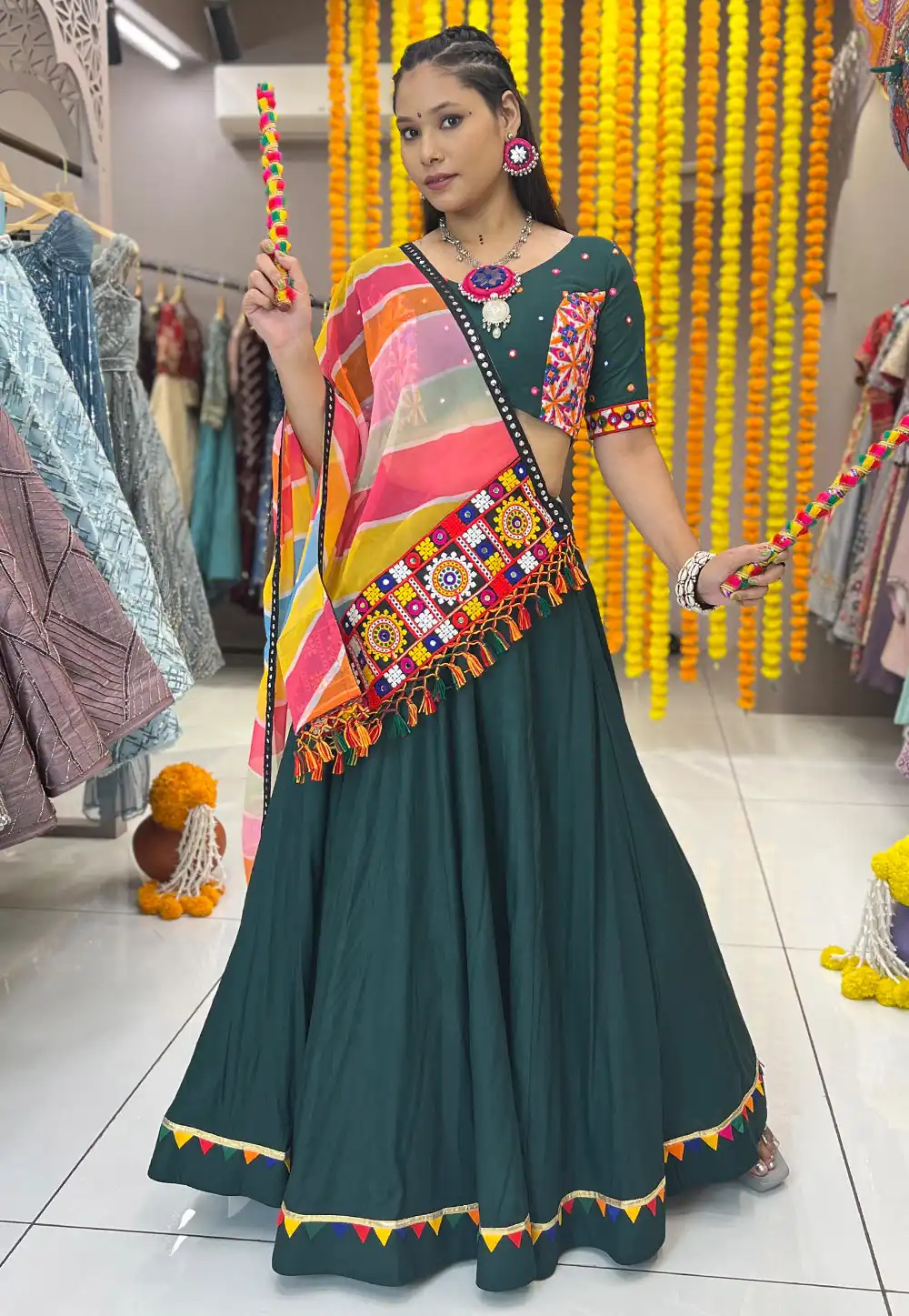 Green Rayon Navratri Chaniya Choli 291429