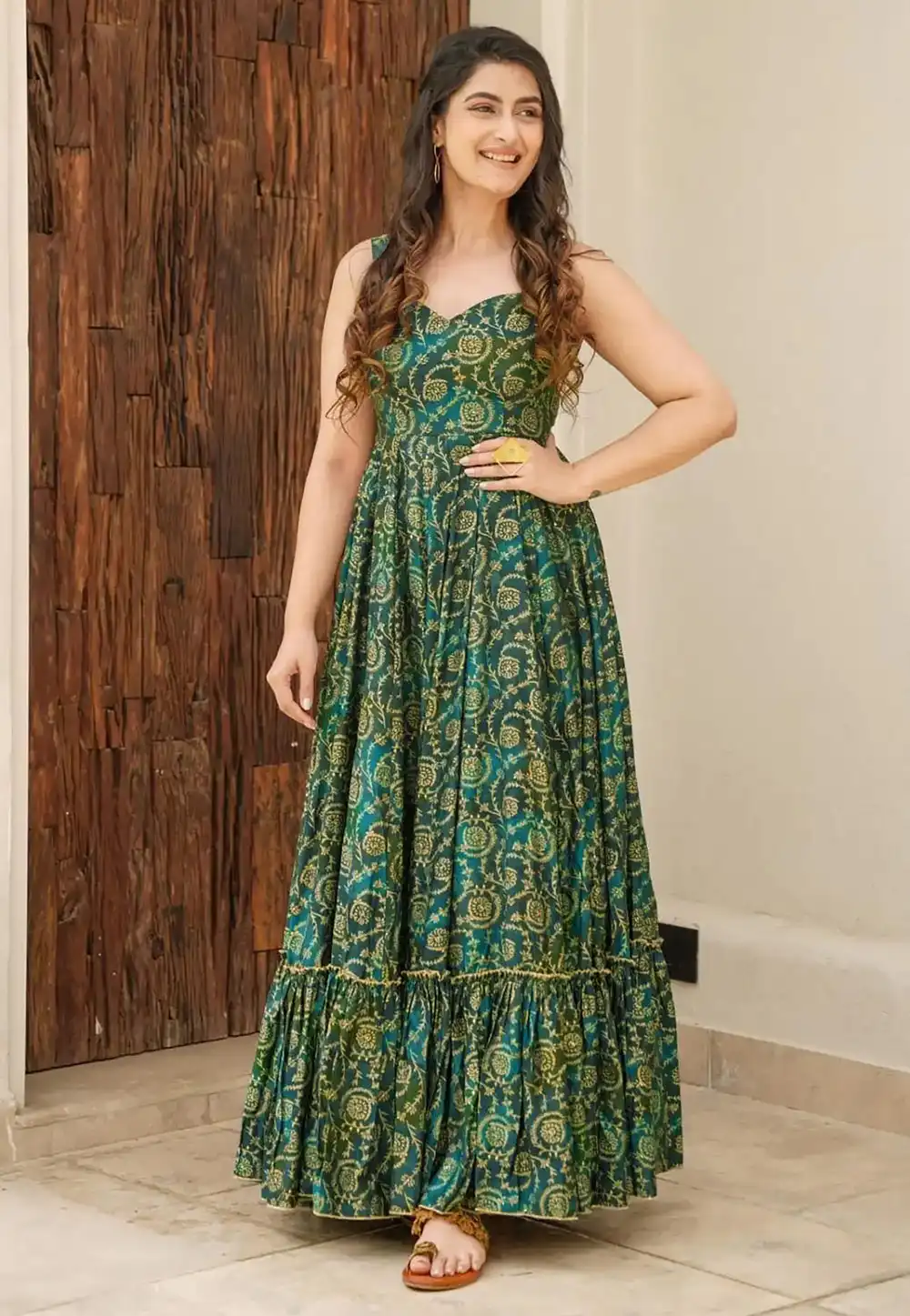 Green Rayon Printed Gown 292101