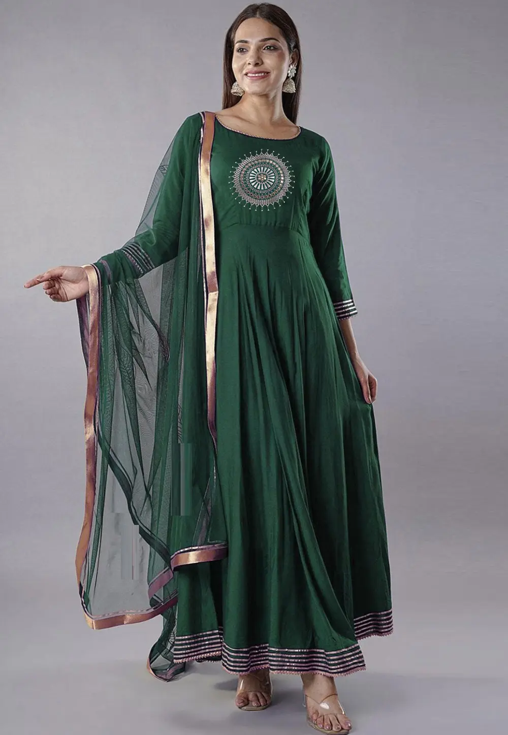 Green Rayon Readymade Long Anarkali Suit 301688