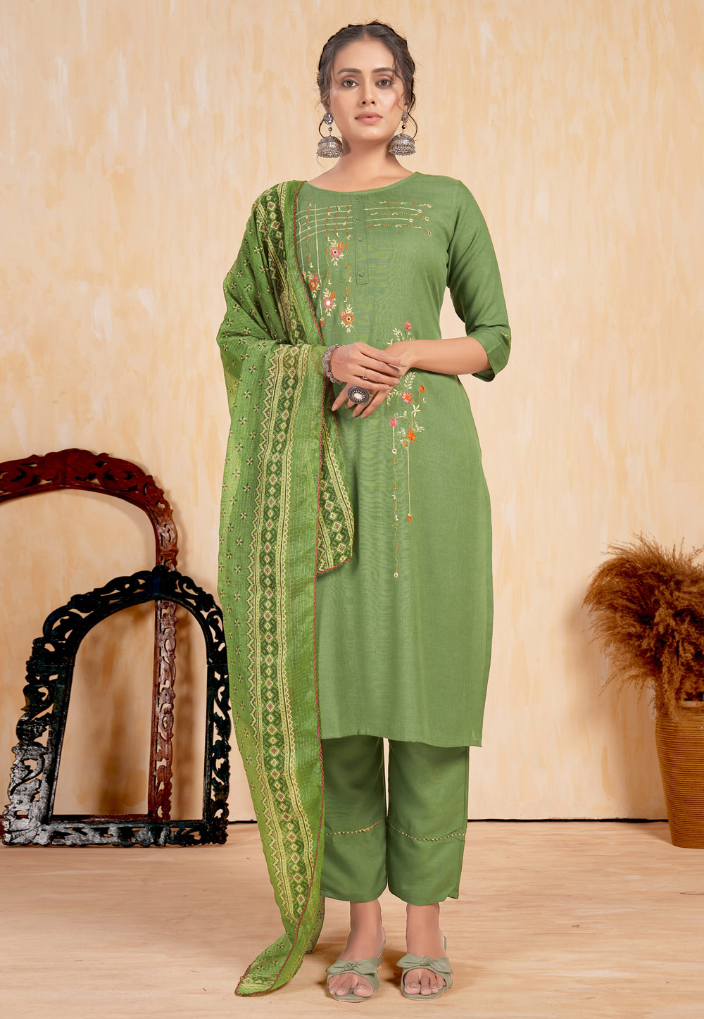 Green Rayon Readymade Pakistani Suit 284578