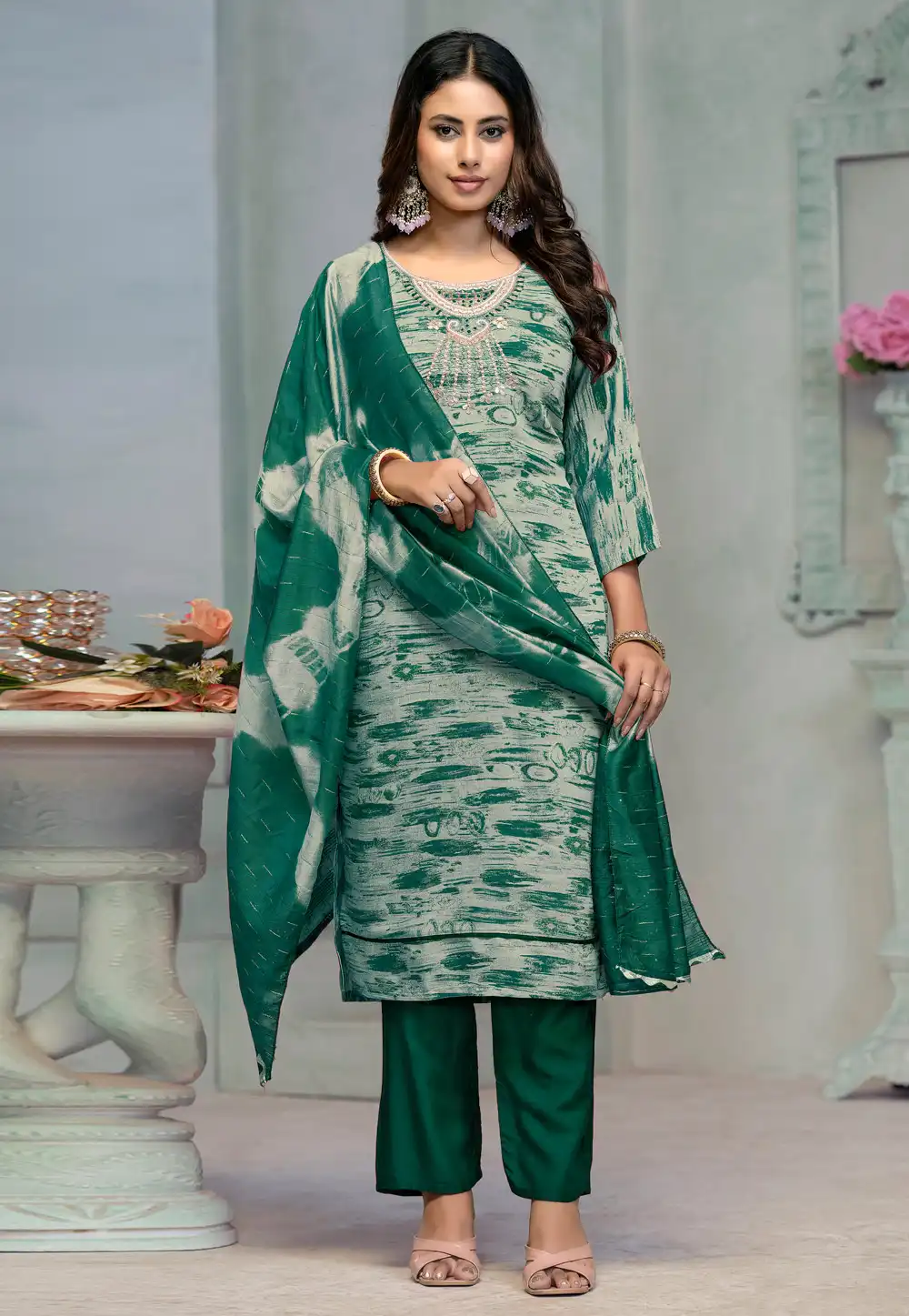 Green Rayon Readymade Pant Style Suit 290793