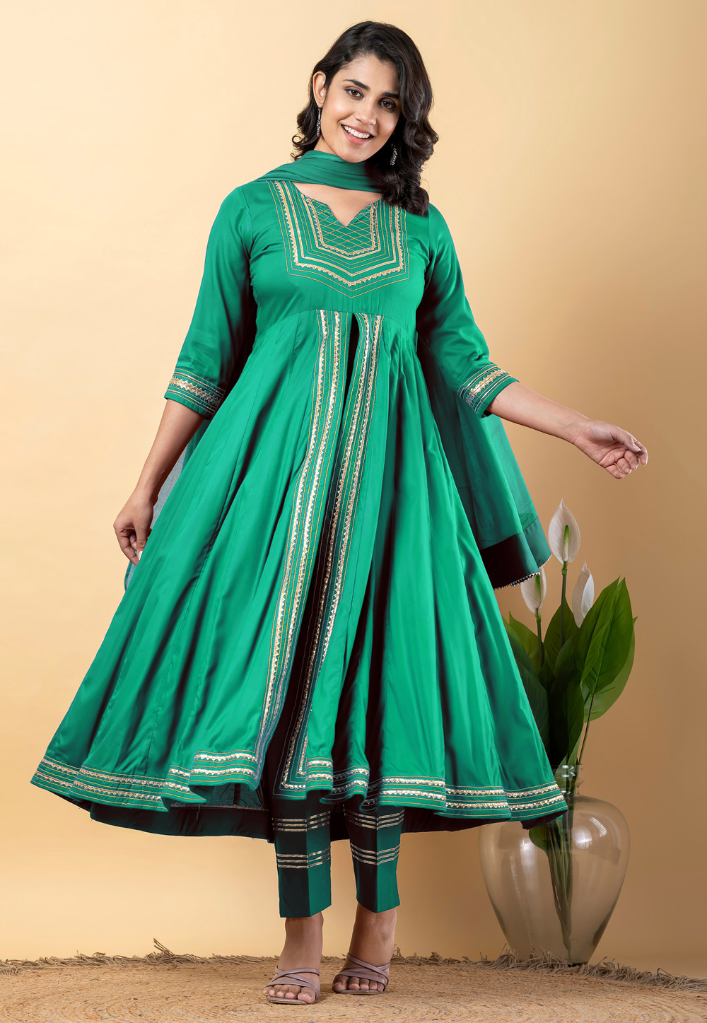 Green Rayon Readymade Pant Style Suit 309282