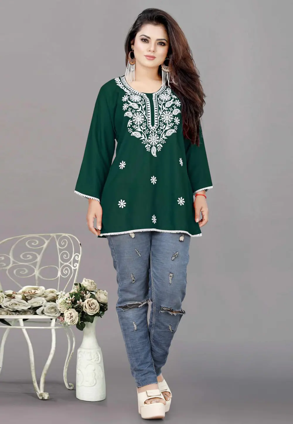 Green Rayon Short Kurti for Women 301474