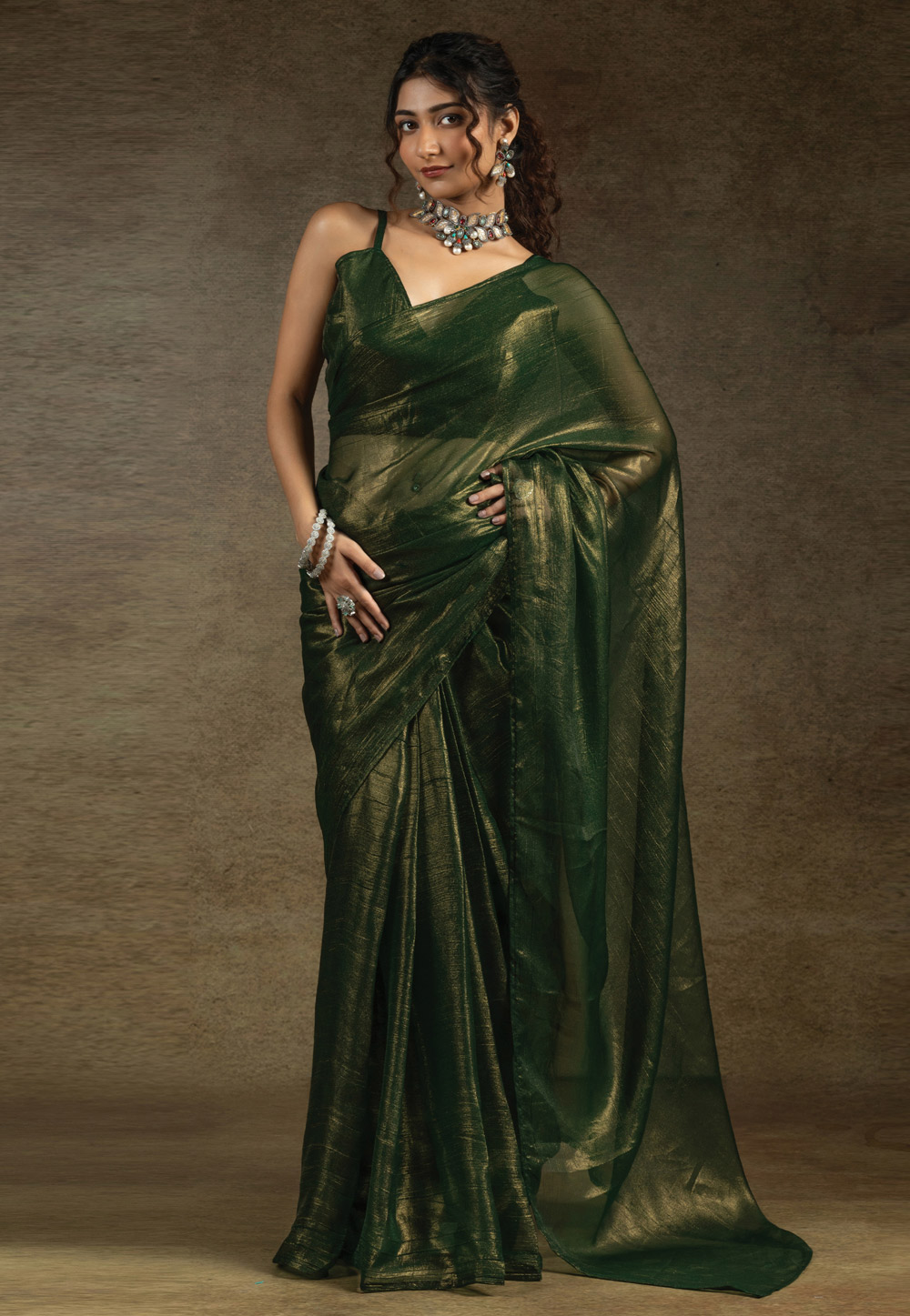 Green Satin Chiffon Saree With Blouse 309127