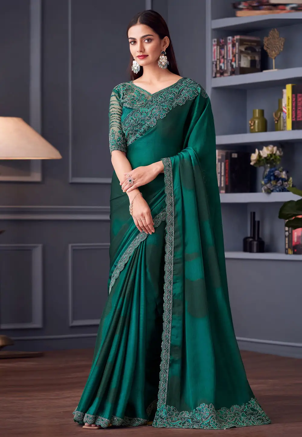 Green Satin Chiffon Saree With Blouse 296349