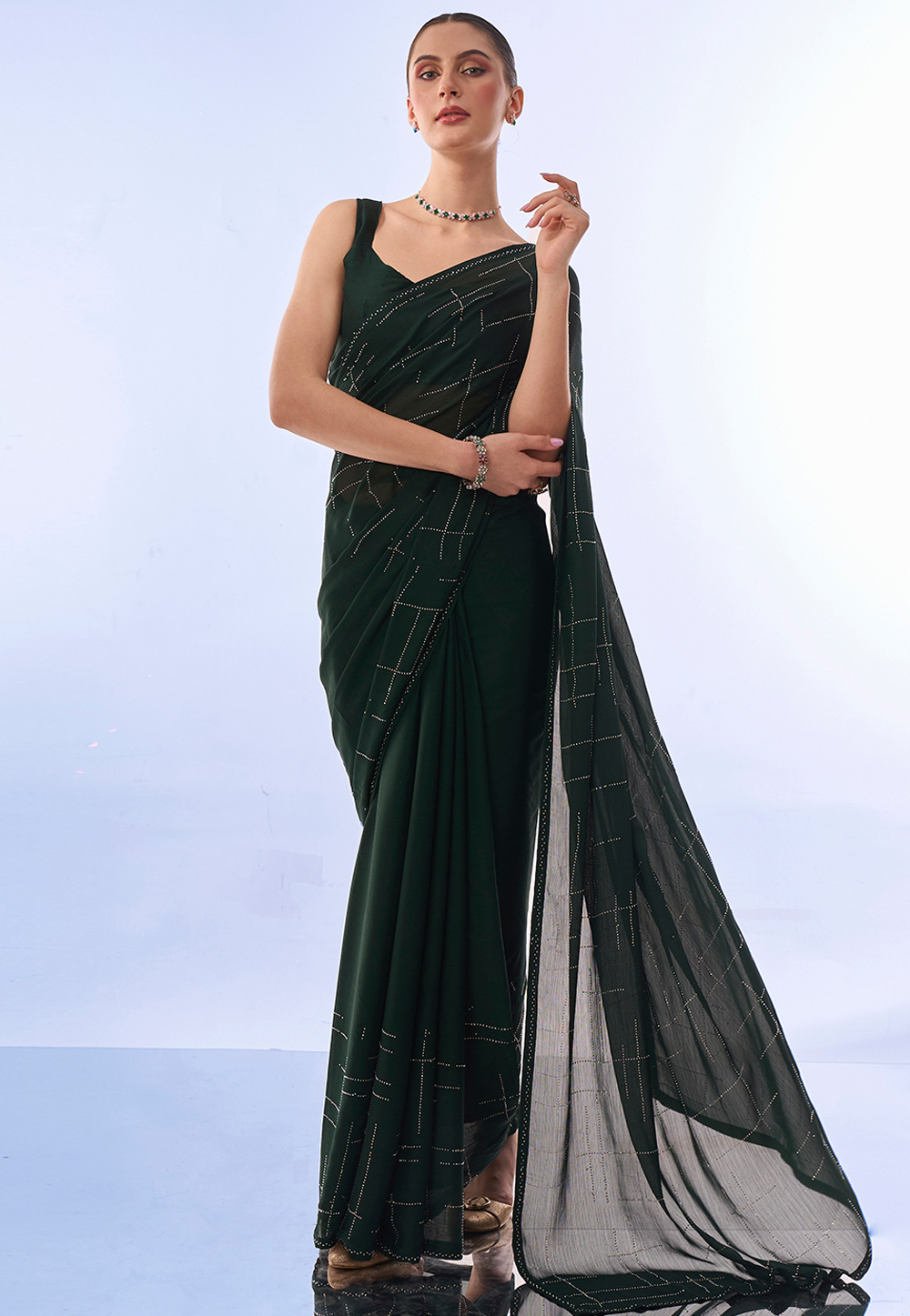 Green Satin Chiffon Saree With Blouse 287824