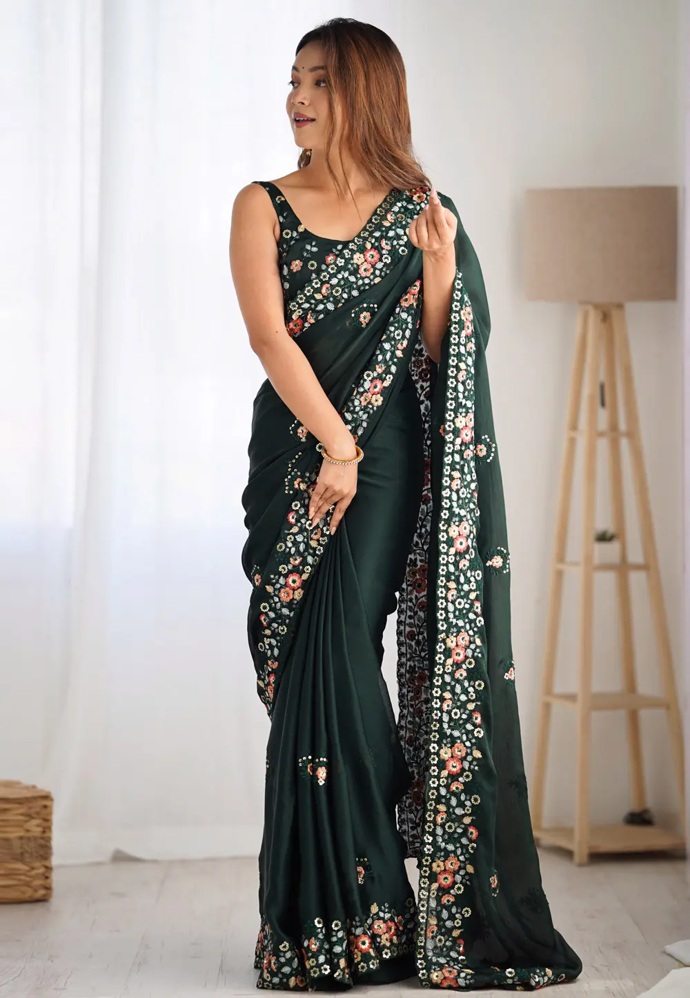 Green Satin Chiffon Saree With Blouse 300318