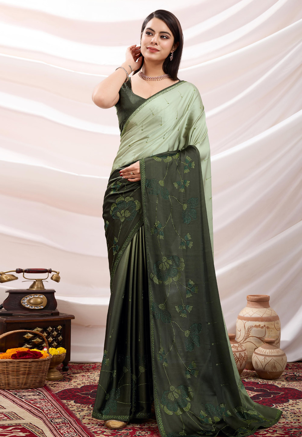 Green Satin Half N Half Saree 305562