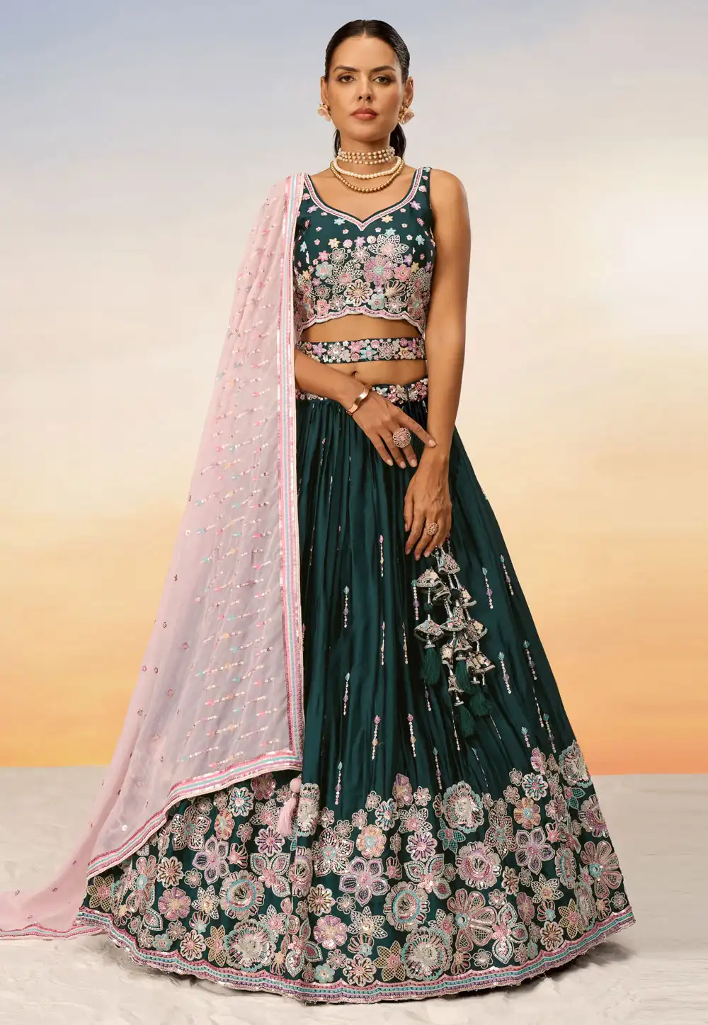 Green Satin Lehenga Choli 291805