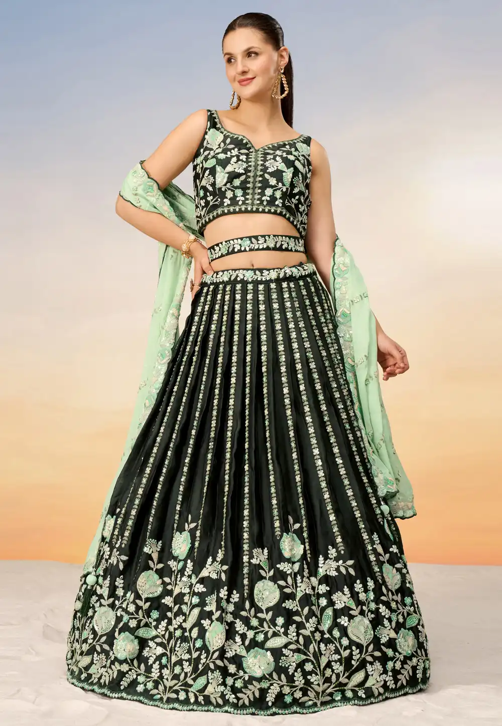 Green Satin Lehenga Choli 288794