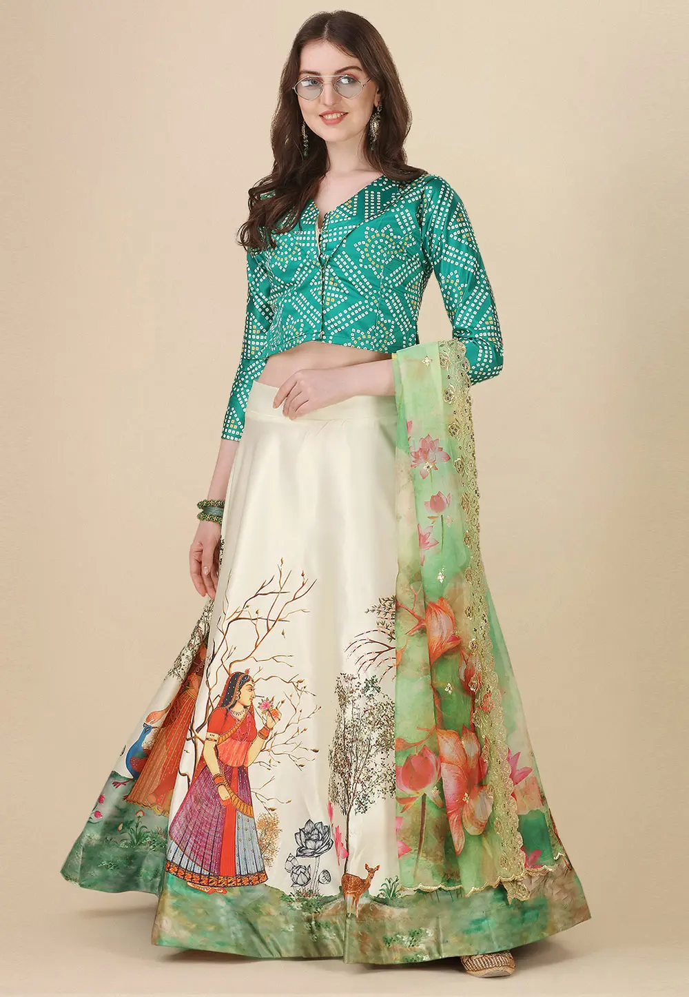 Green Satin Silk A Line Lehenga Choli 304784