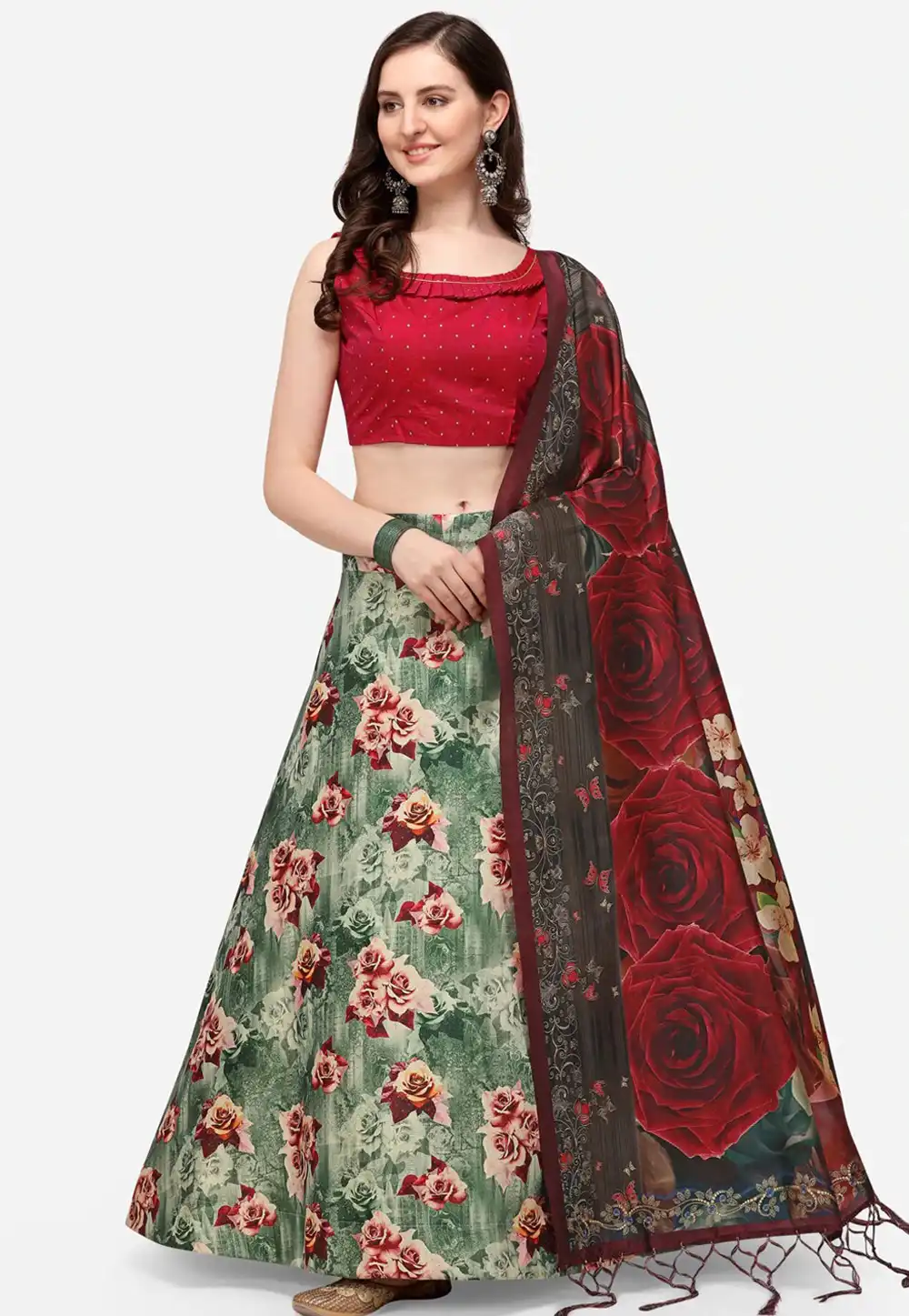 Green Satin Silk Floral print Lehenga choli 292278