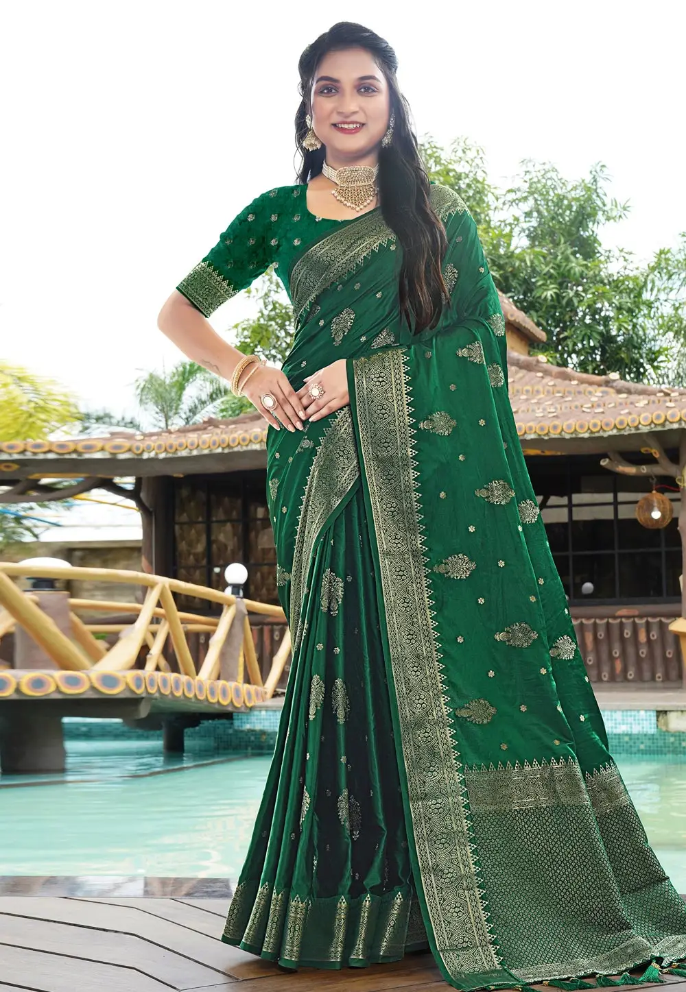 Green Satin Silk Saree With Blouse 296194