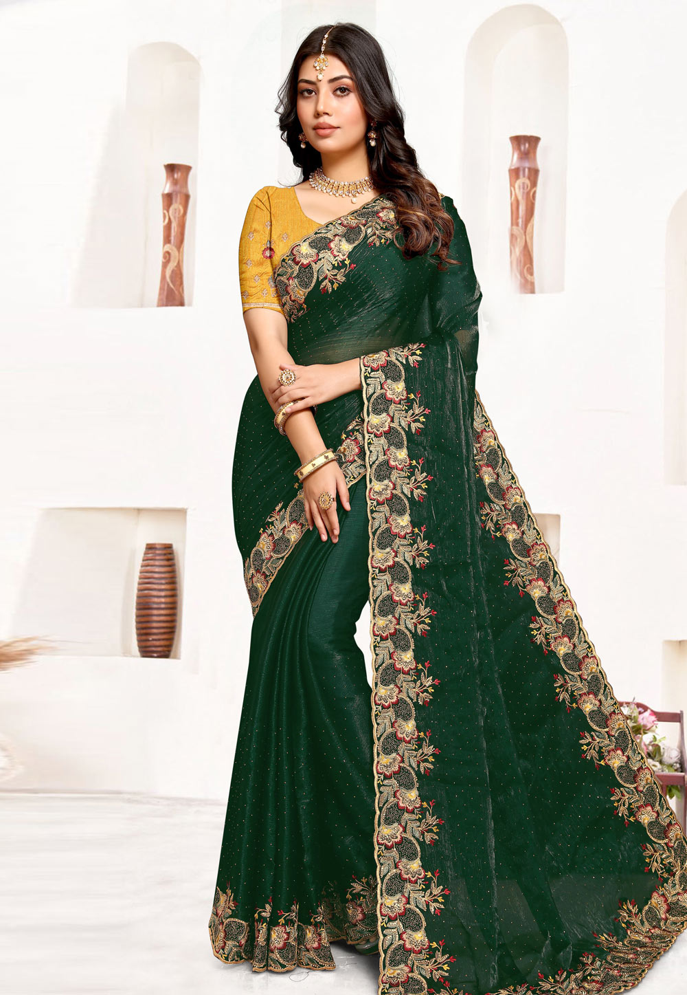 Green Satin Silk Saree With Blouse 286499