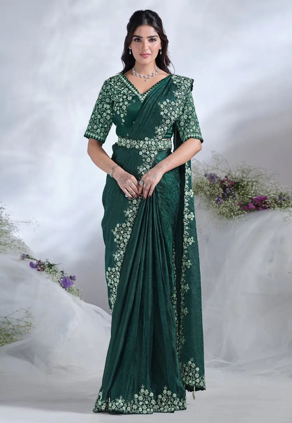 Green Satin Silk Saree With Blouse 295885