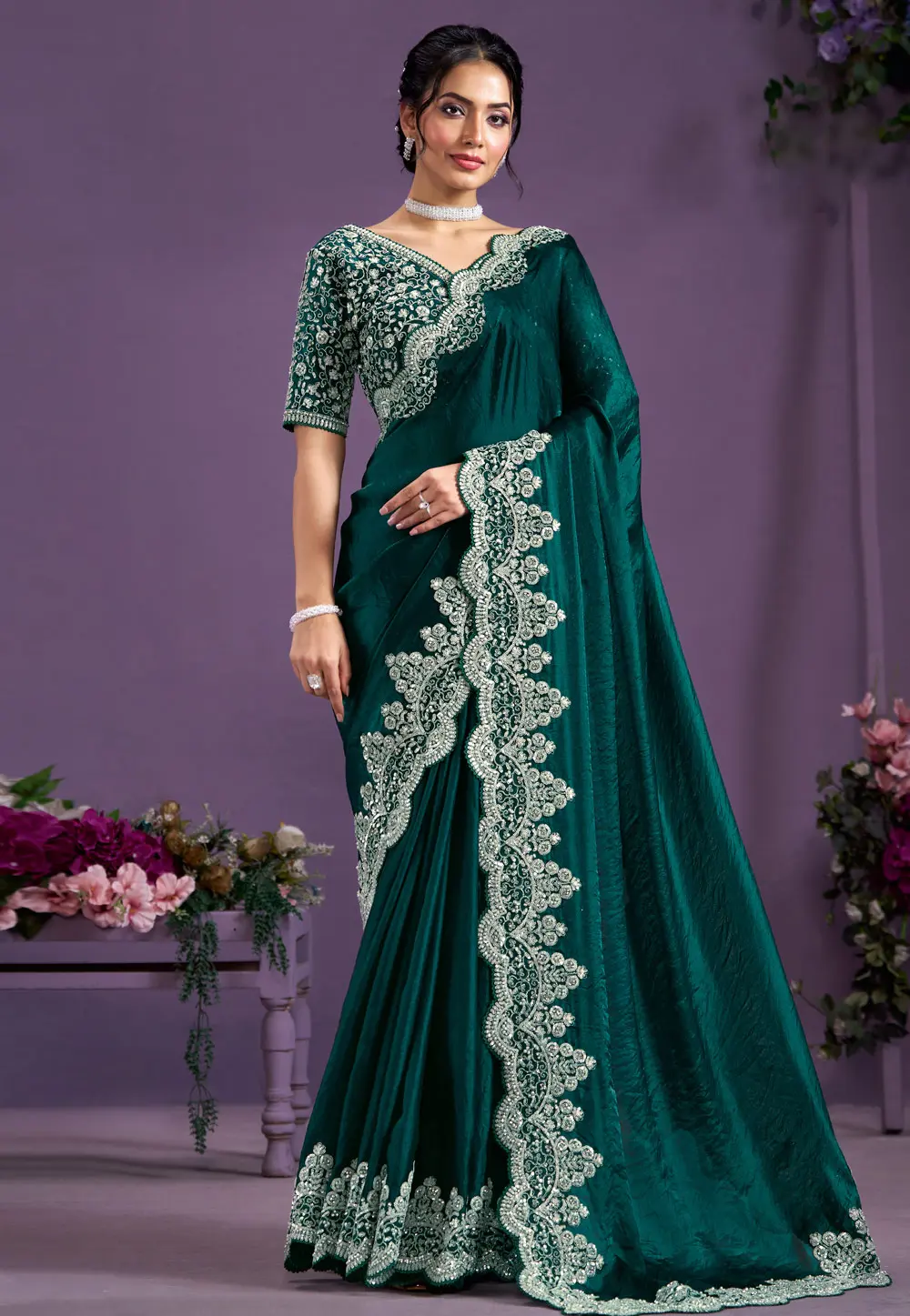 Green Satin Silk Saree With Blouse 298518