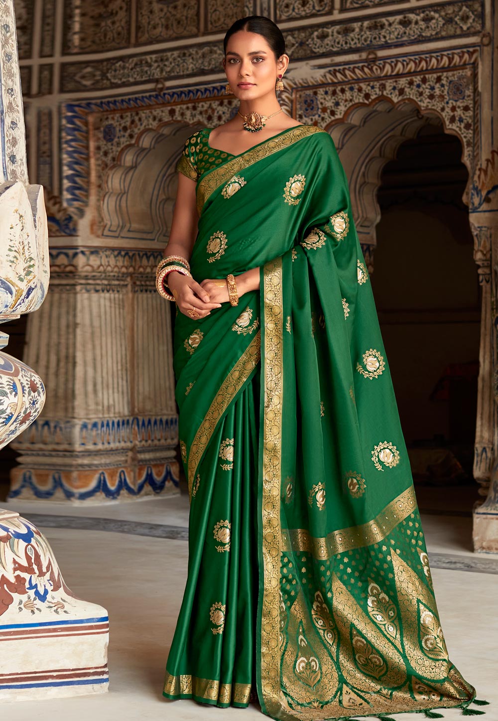 Green Satin Silk Saree With Blouse 279063