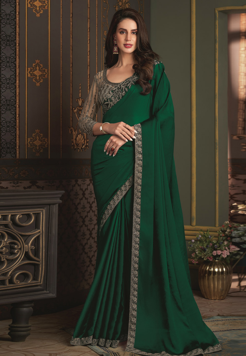 Green Satin Silk Saree With Blouse 281265