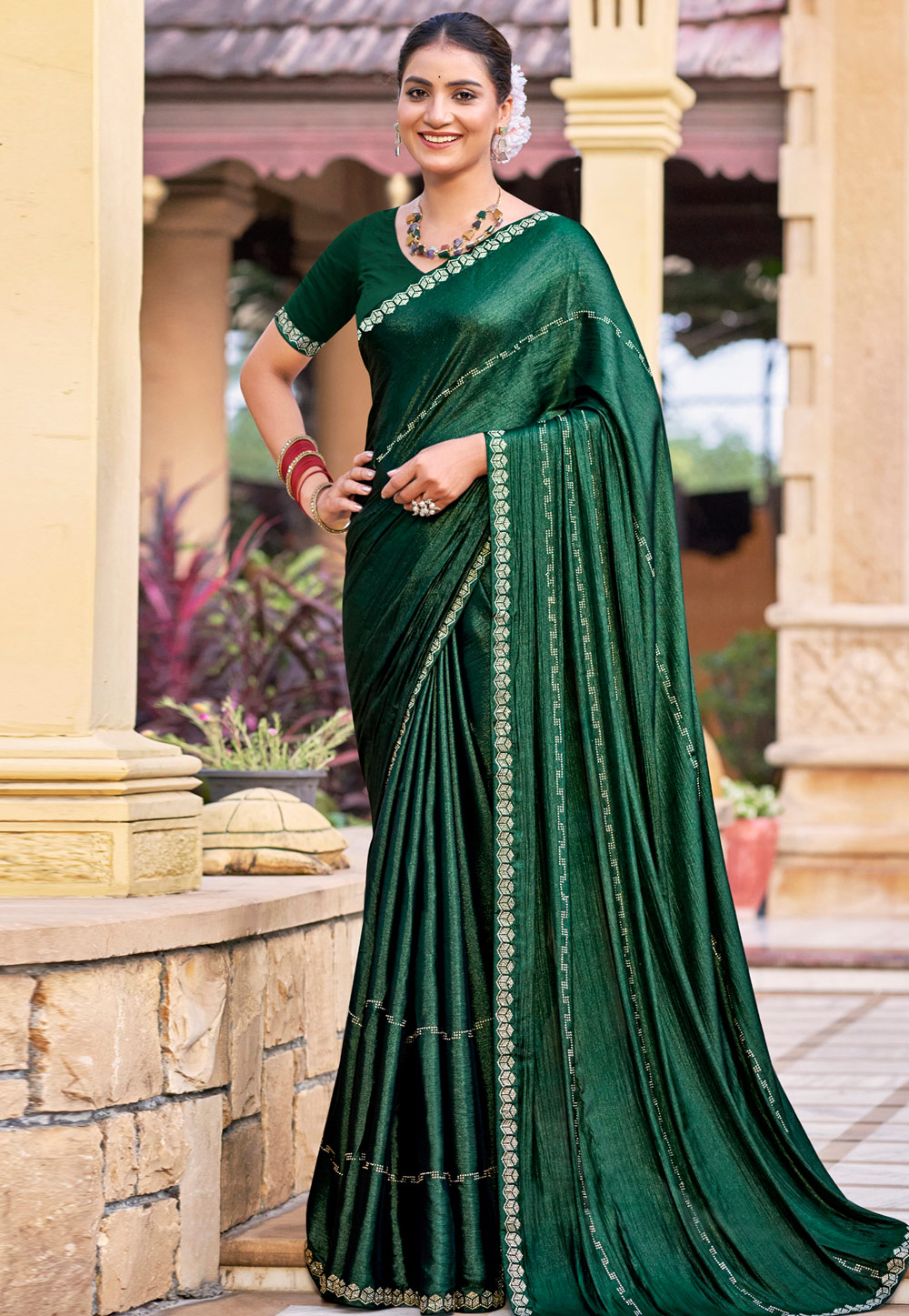 Green Shimmer Chiffon Saree With Blouse 309787