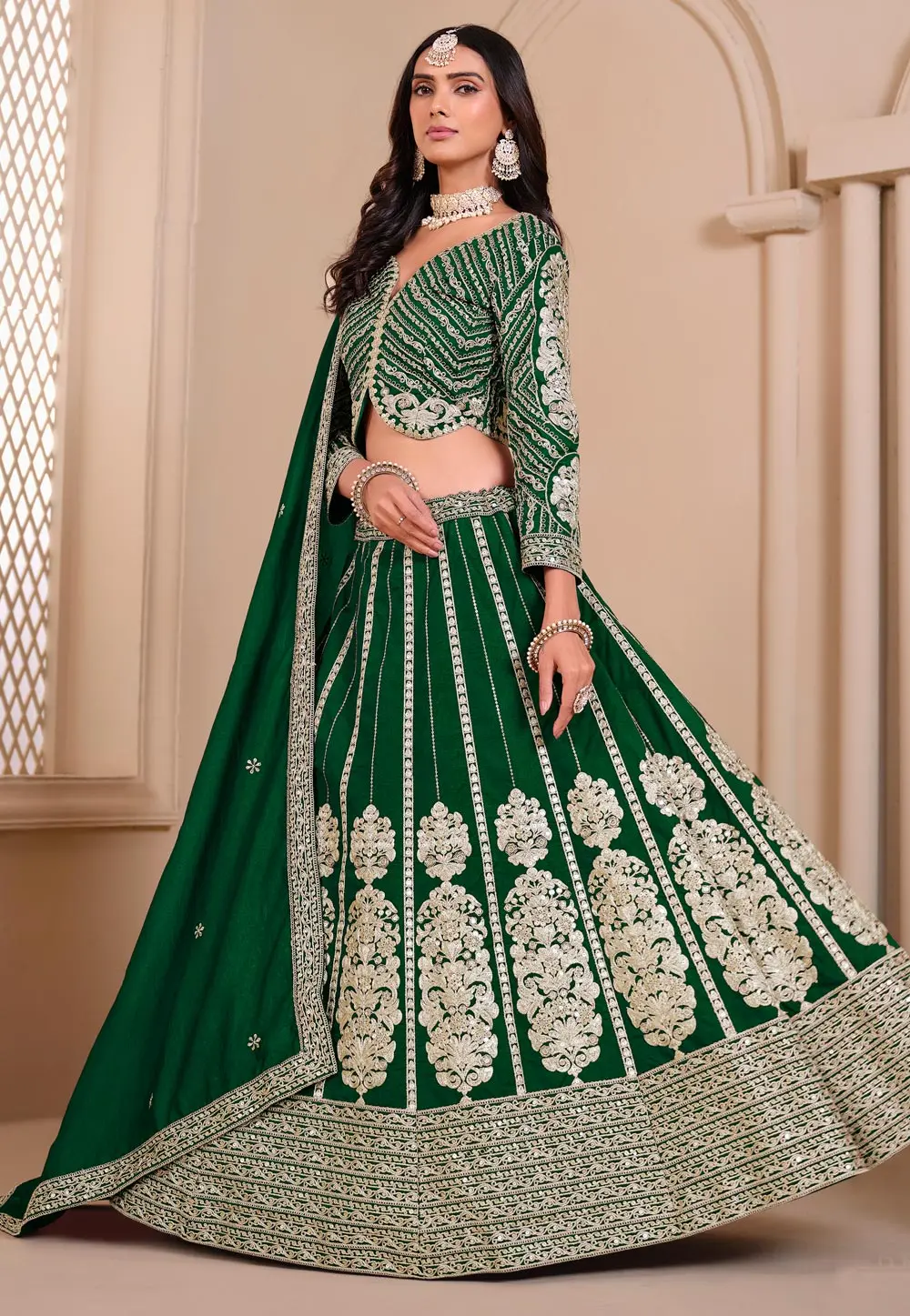 Green Shimmer Circular Lehenga Choli 302380