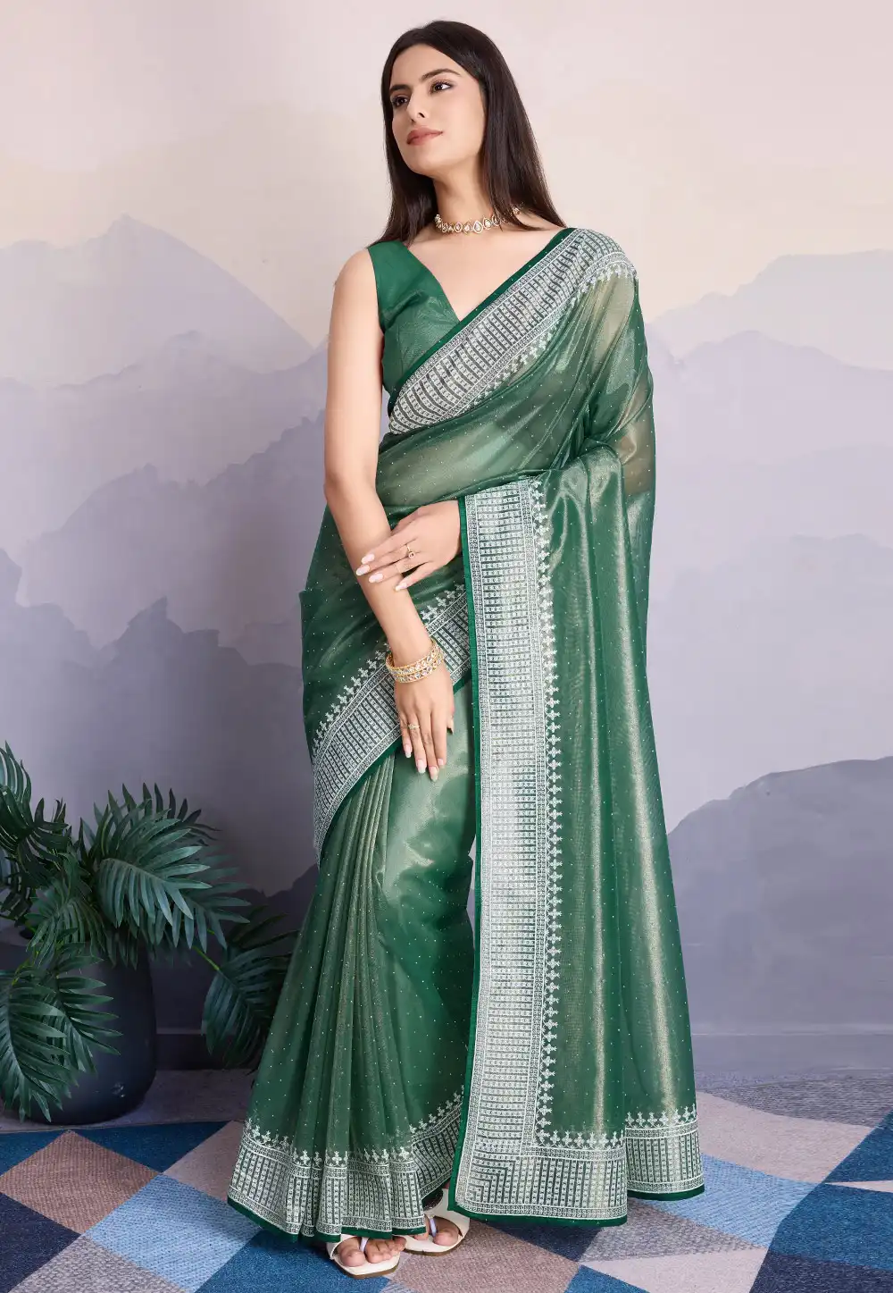 Green Shimmer Net Saree With Blouse 294788