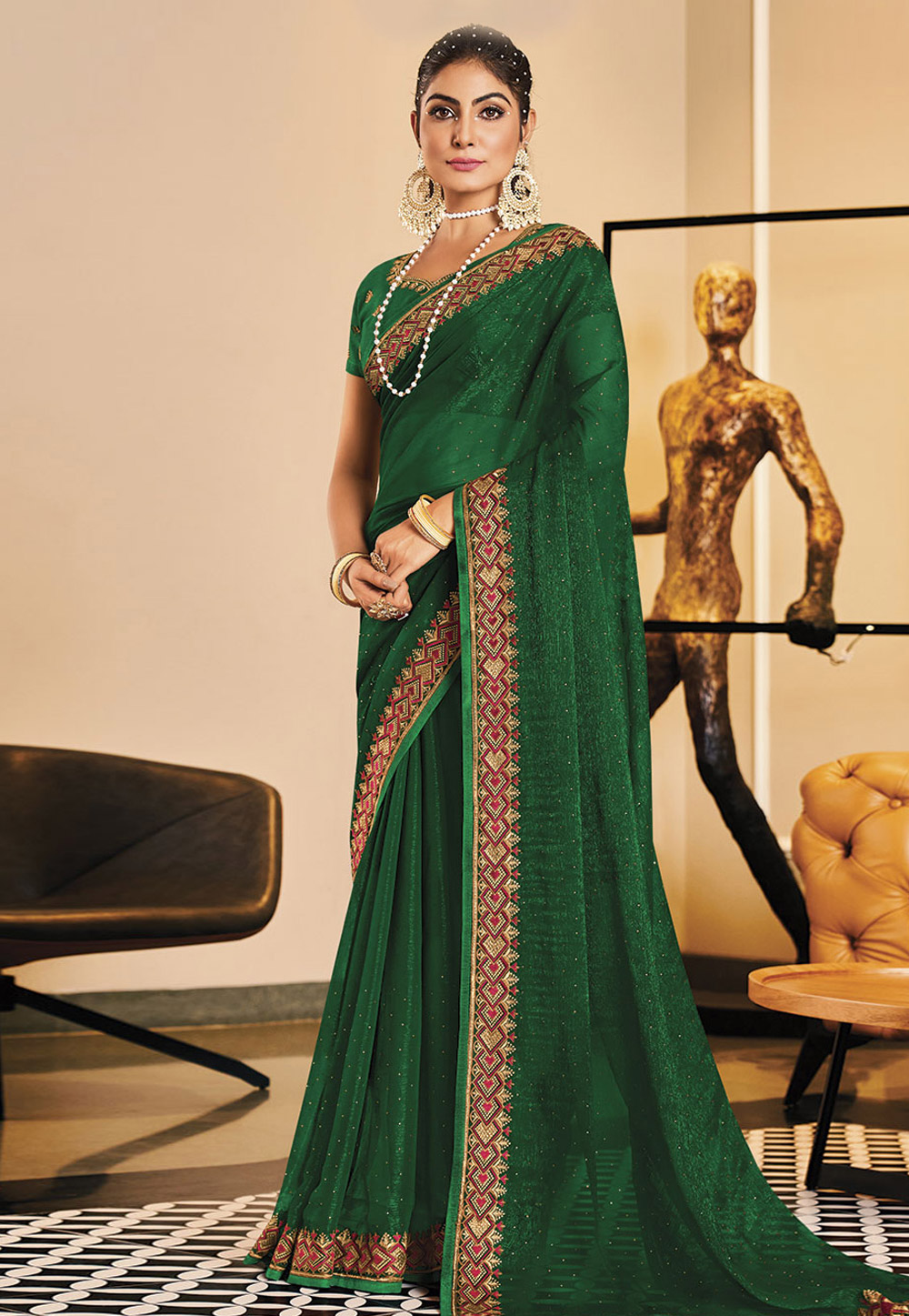 Green Shimmer Saree With Blouse 279568