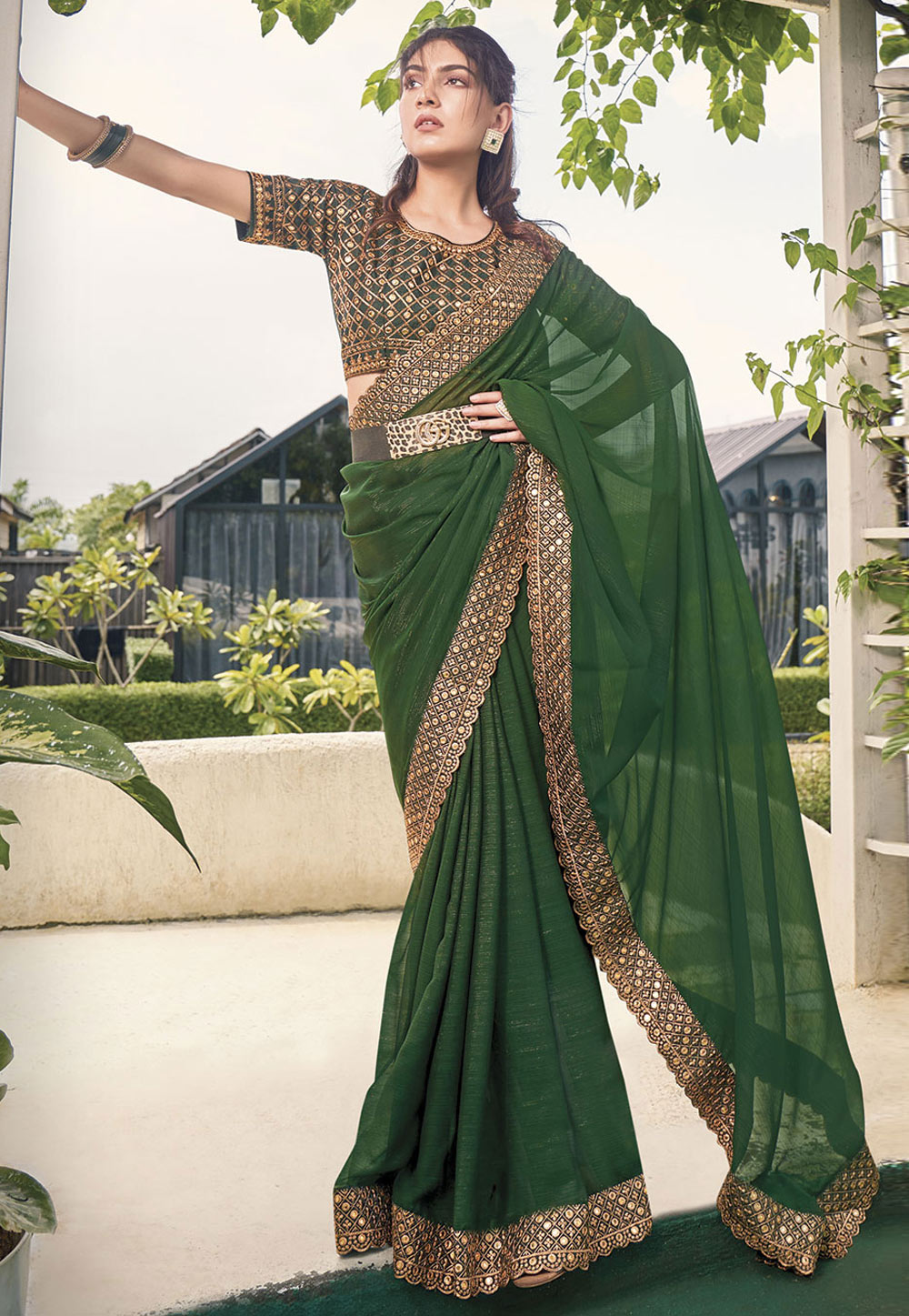 Green Shimmer Saree With Blouse 279838