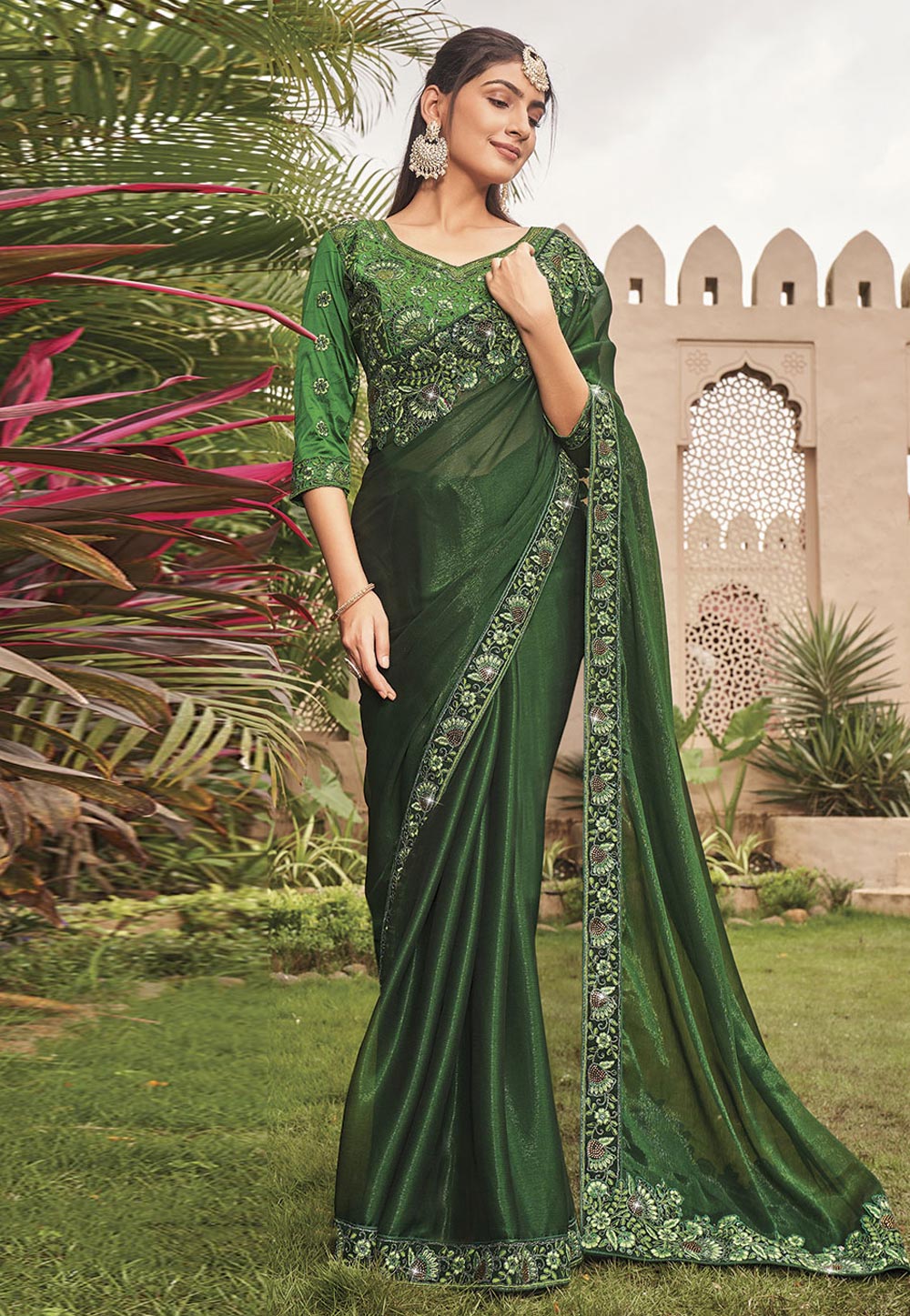 Green Shimmer Saree With Blouse 279901