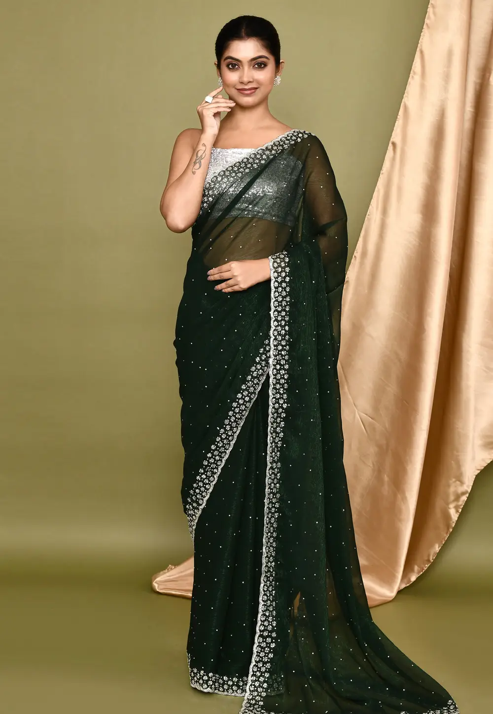 Green Shimmer Saree With Blouse 295946