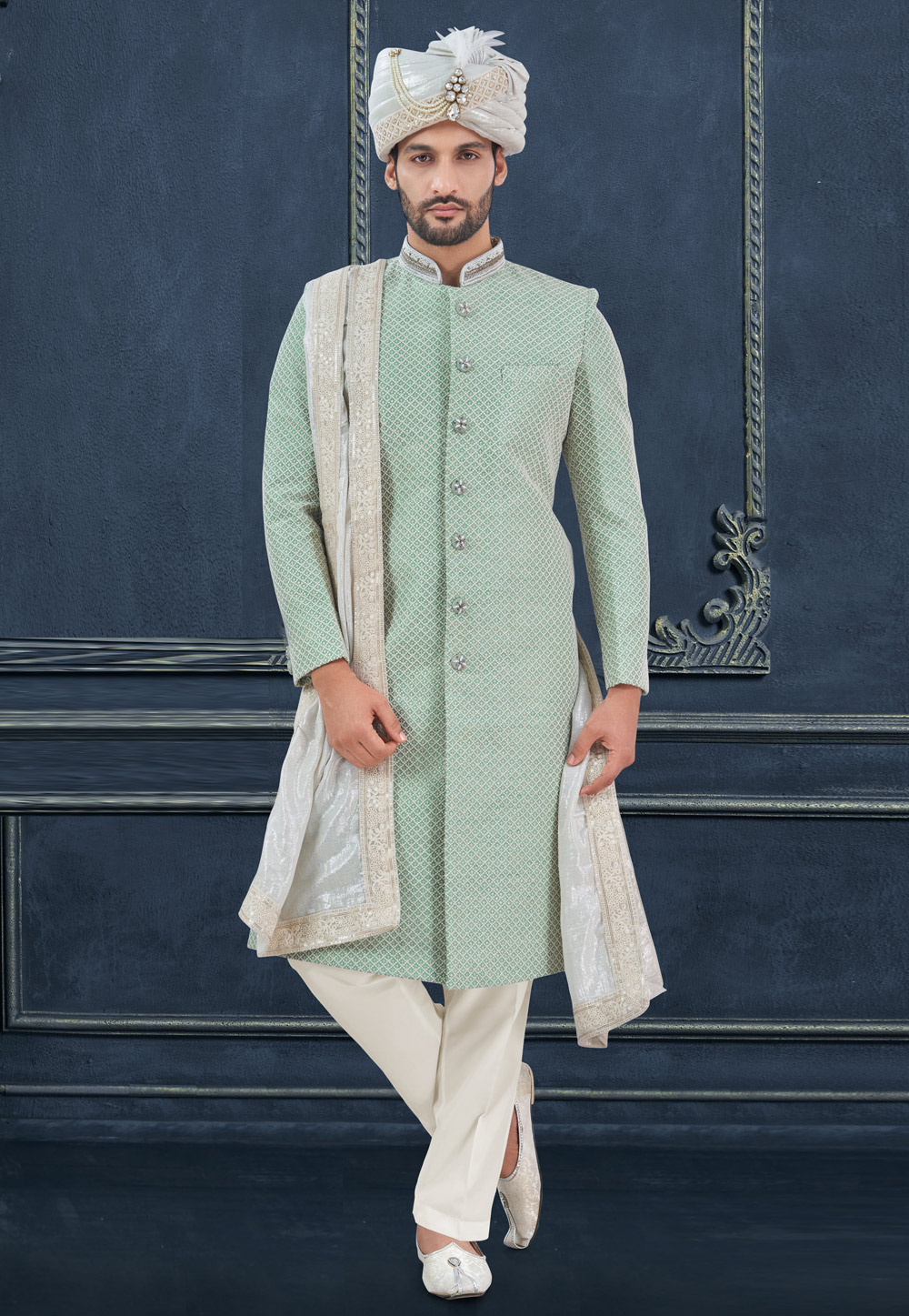 Green Silk Achkan Style Sherwani 305203