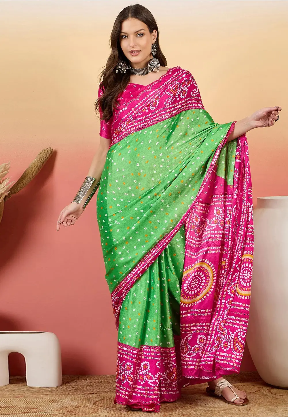 Green Silk Bandhani Print Saree 304725